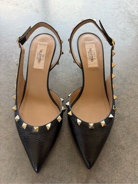 Valentino Black Leather Rockstud Pointed Slingback Heels size 36.5